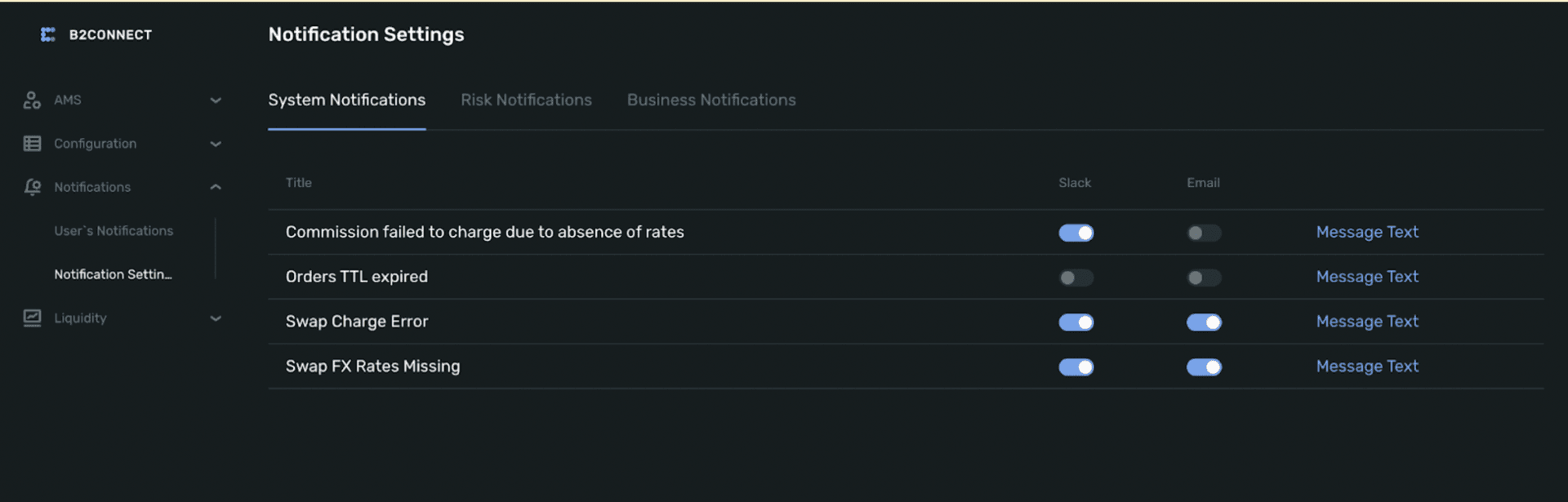 B2CONNECT swap charges added to notification settings