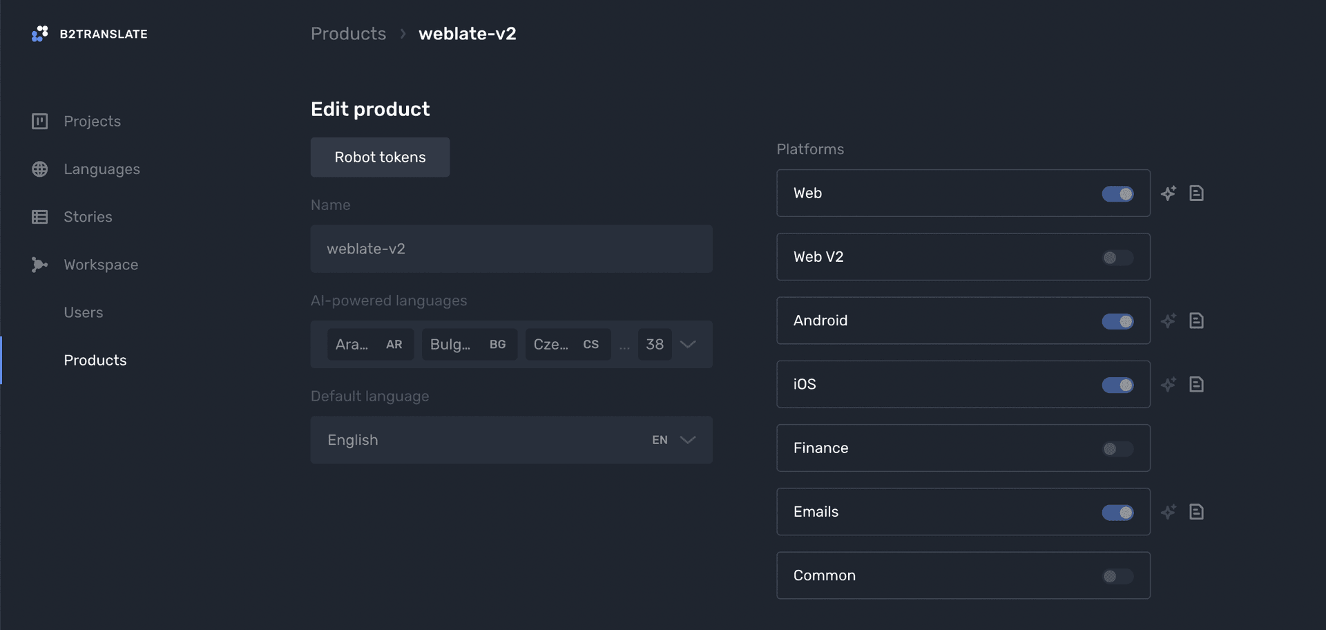 B2TRANSLATE robot tokens