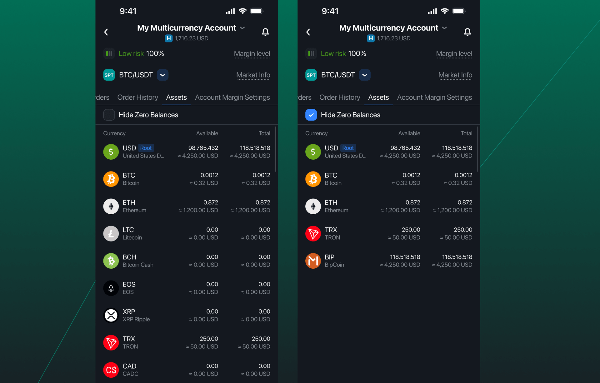 Hide Zero Balances toggle
