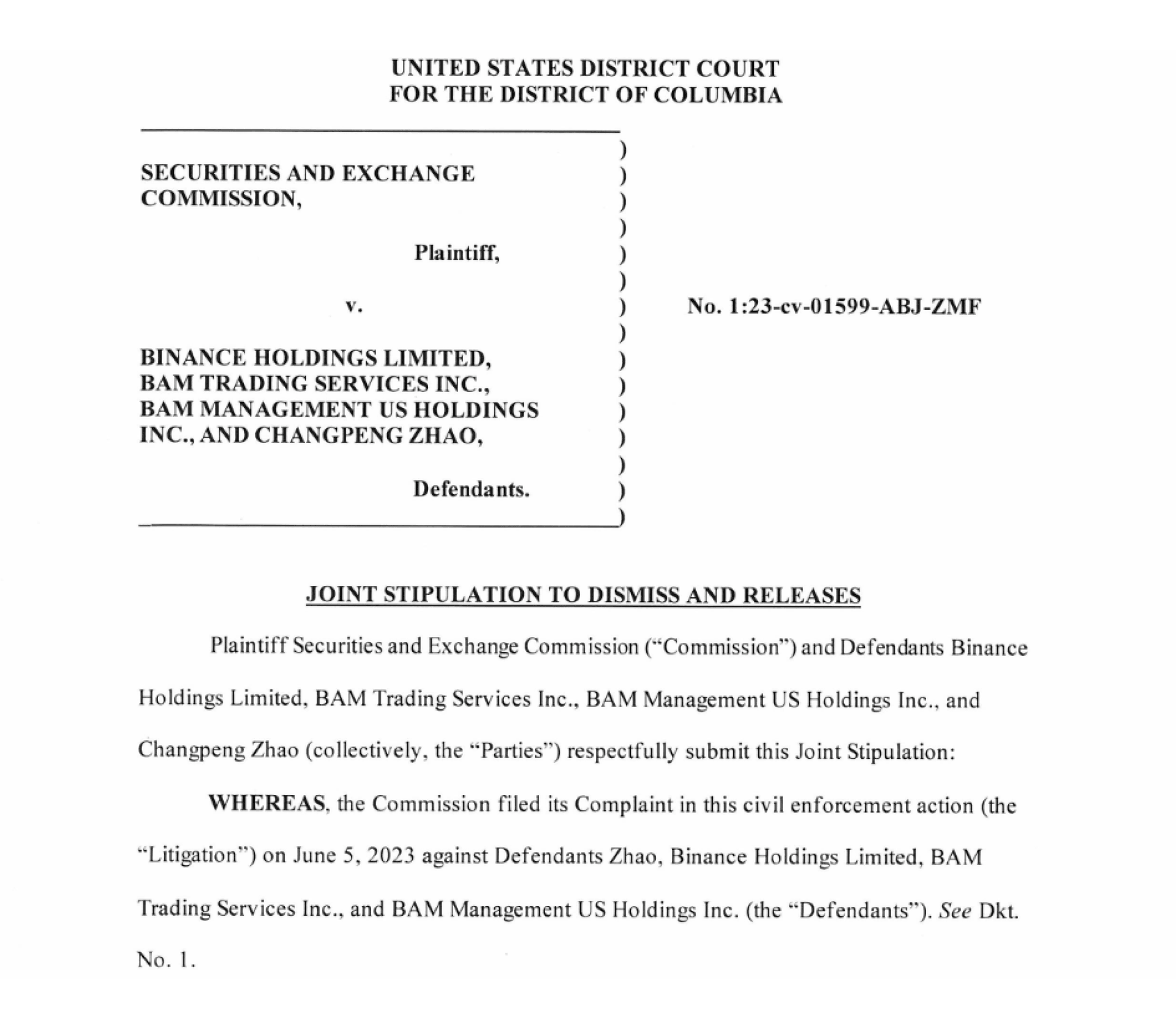 The SEC and Binance’s joint stipulation to dismiss