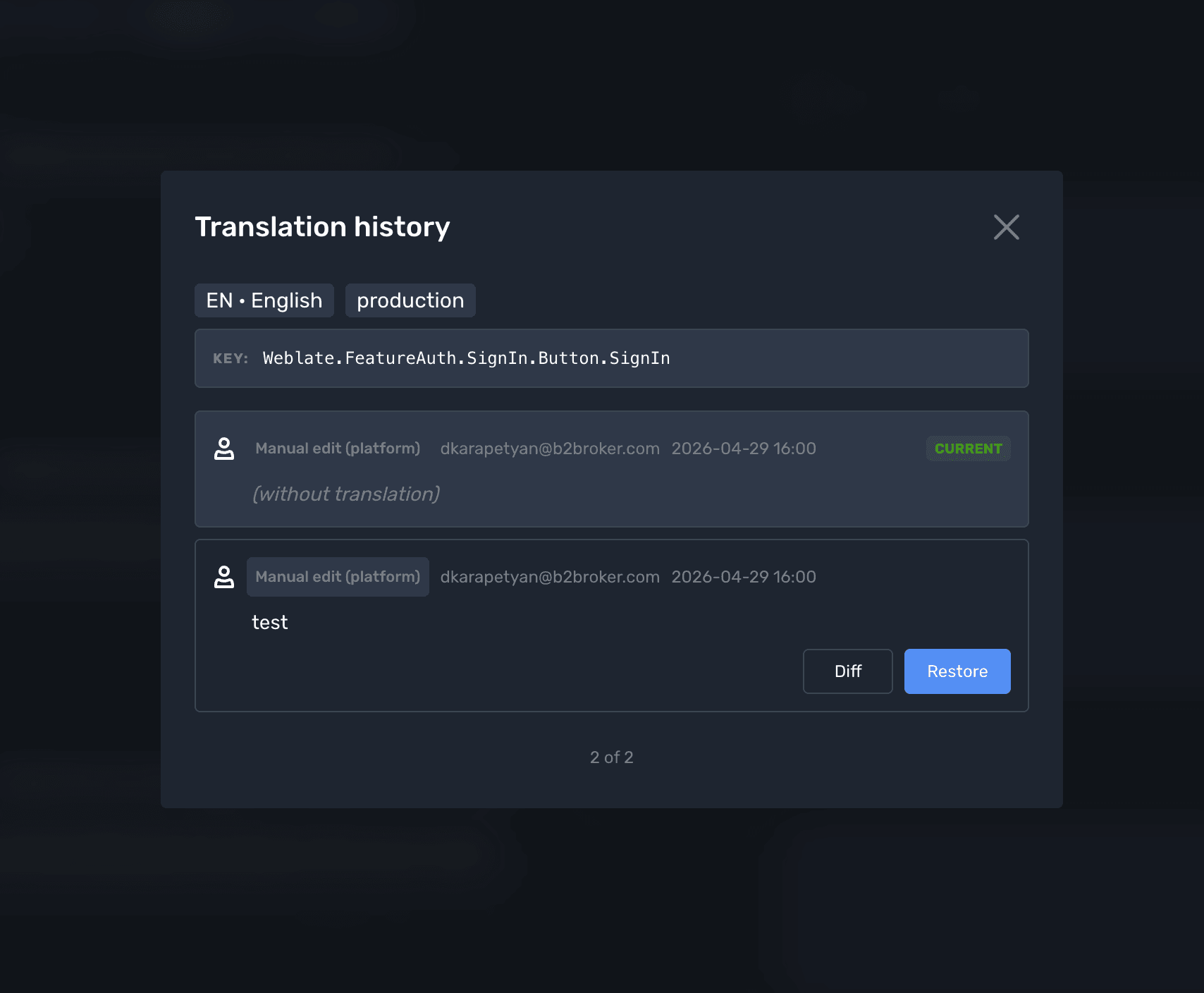 Translation Version History in B2TRANSLATE