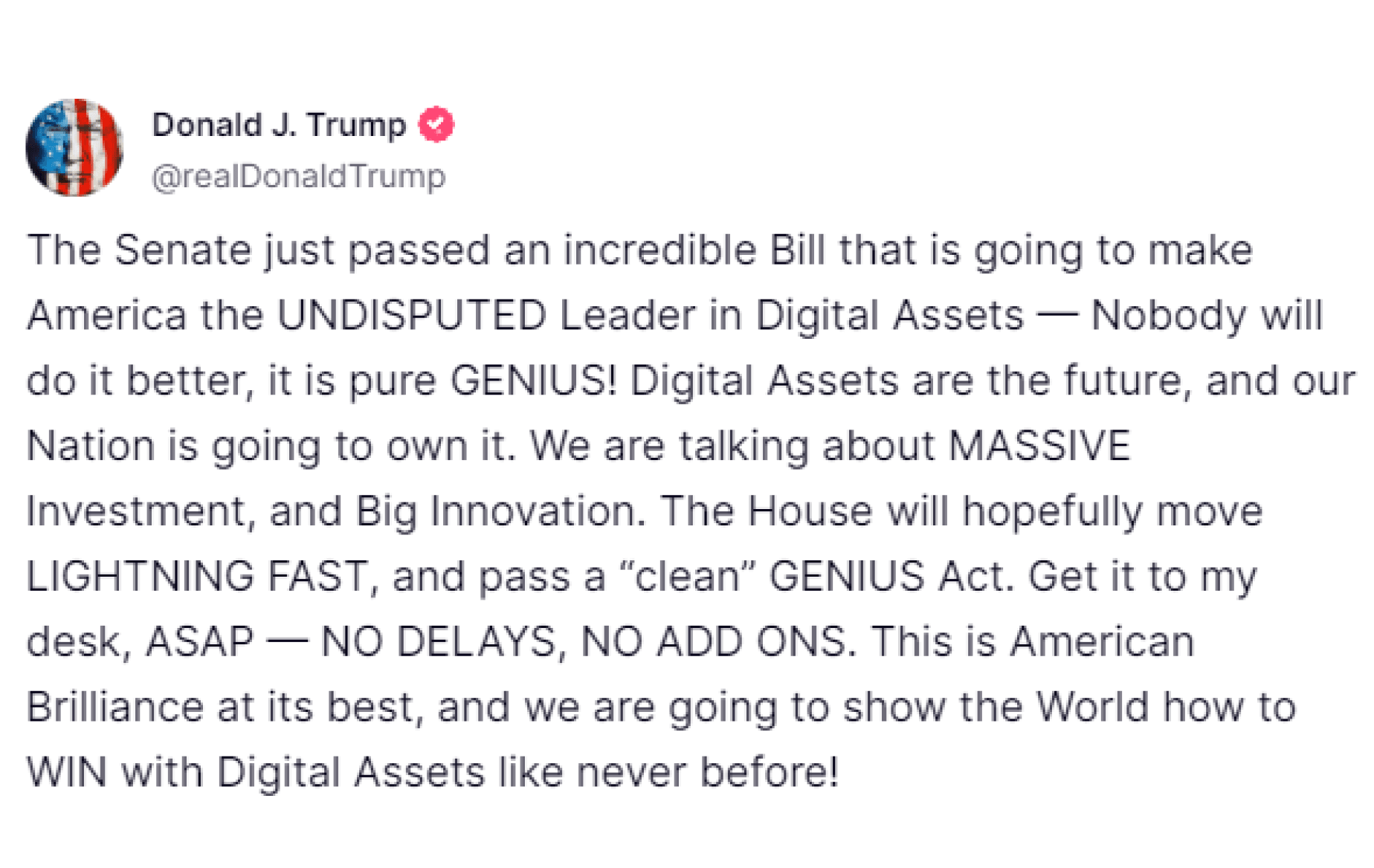 Trump's demand to the House regarding the GENIUS Act