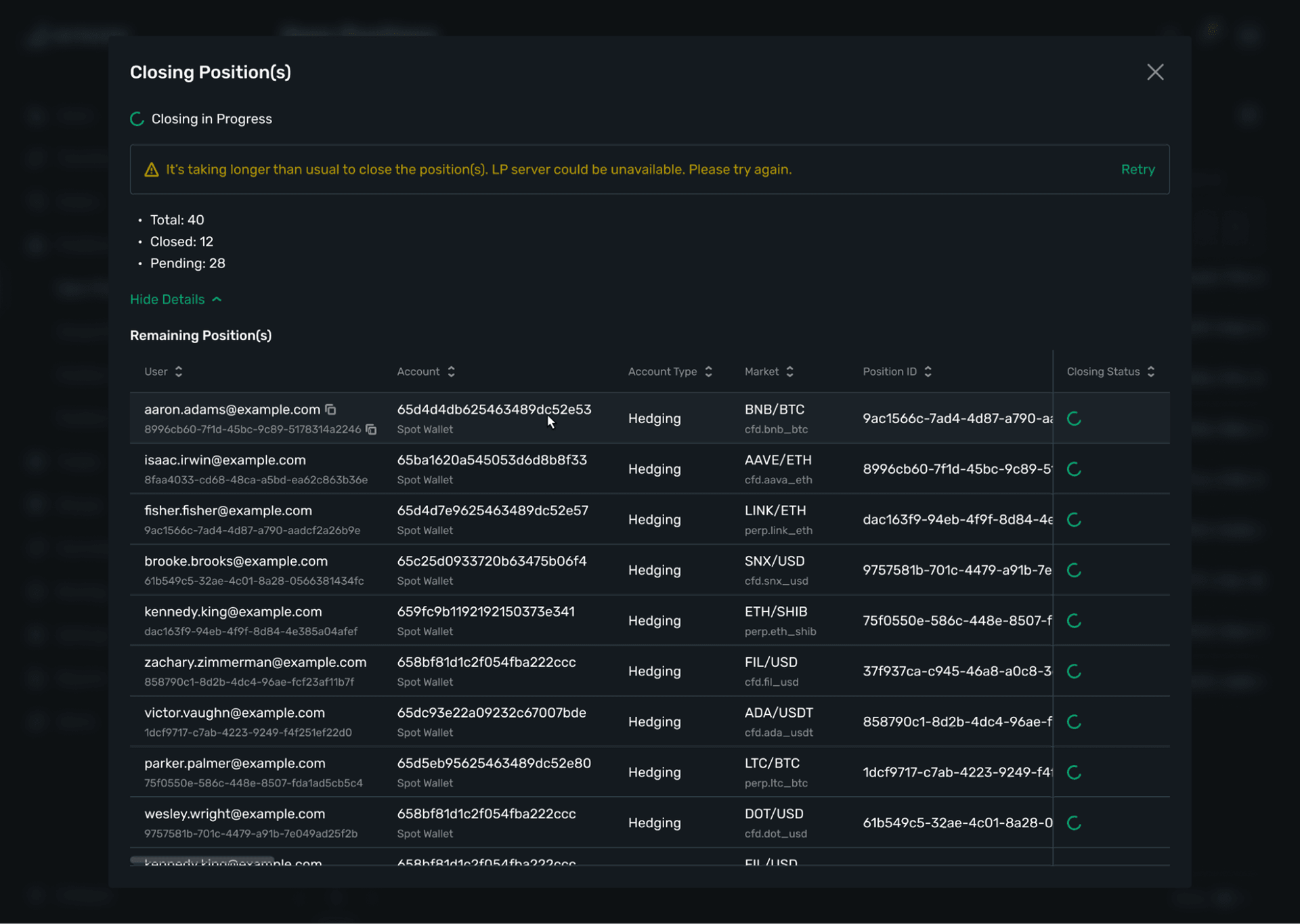 closing positions from the backend