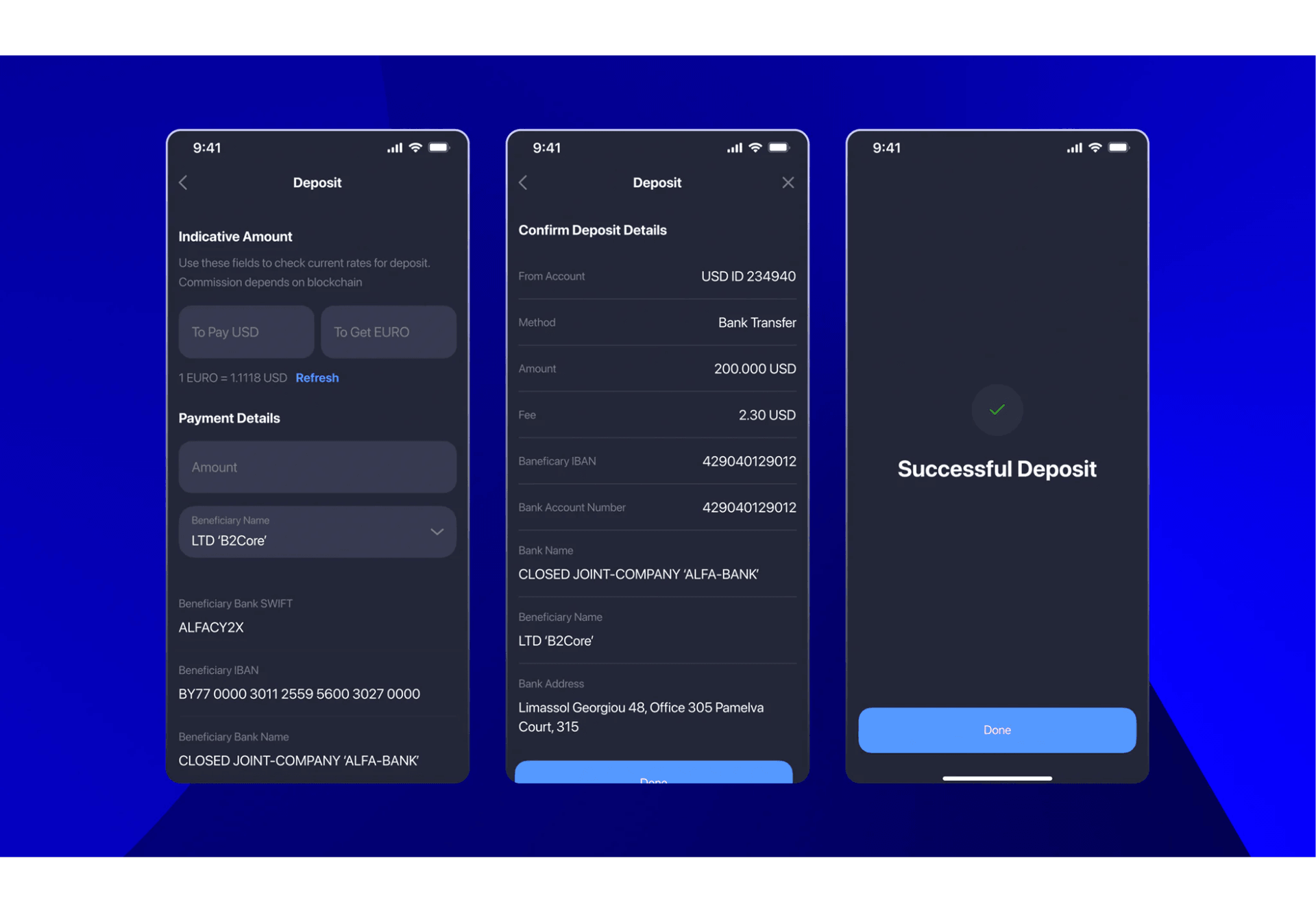 deposit on B2CORE app