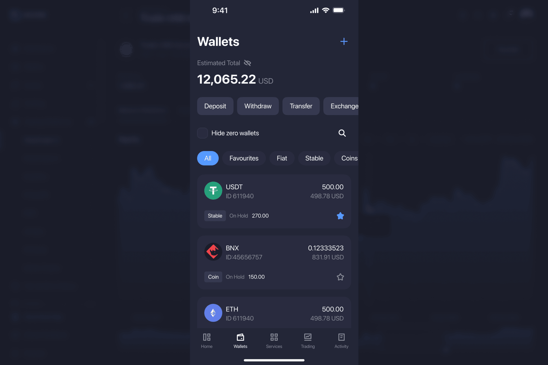 updated Wallets screen in B2CORE iOS