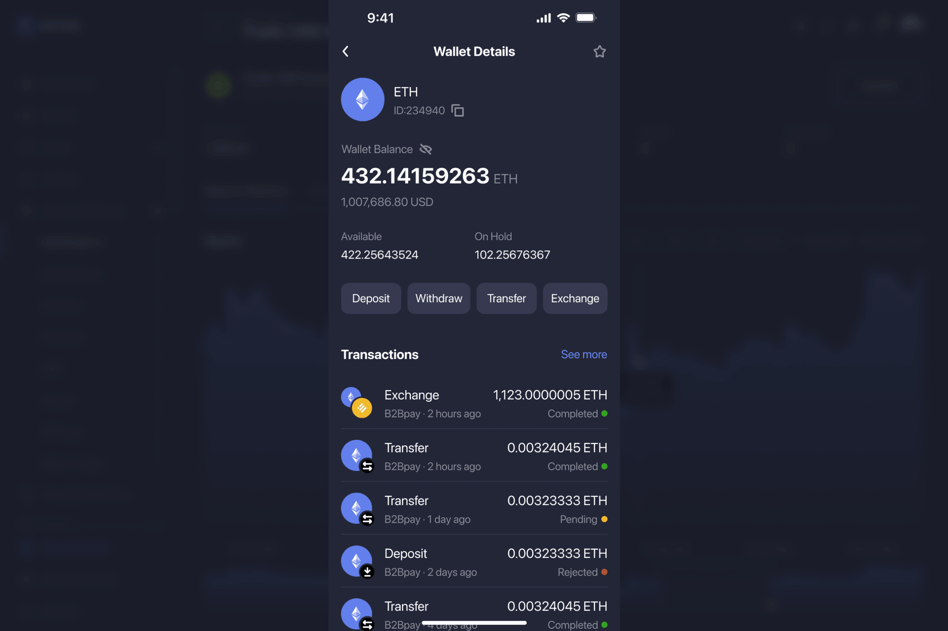 wallet details in B2CORE iOS