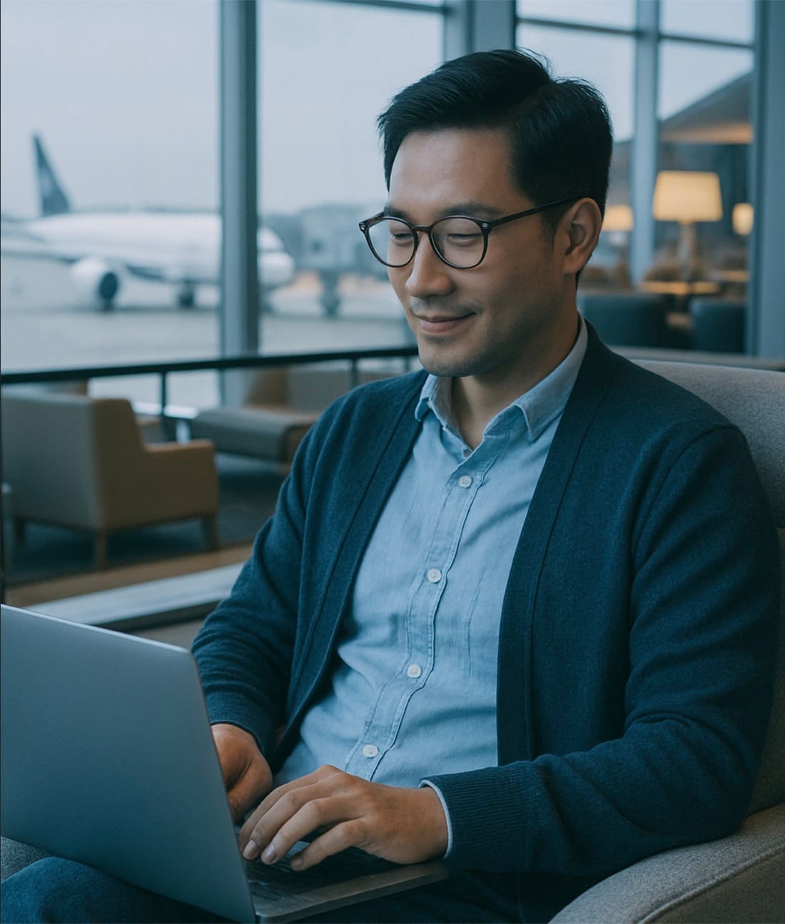 Investor reviewing copy trading subscription on a laptop in an airport lounge