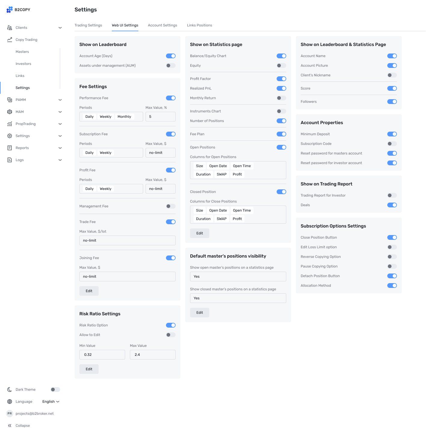 B2COPY admin panel: Web UI Settings with per-section fee toggles for leaderboard, statistics and account properties