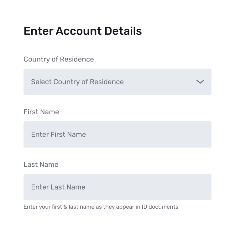 Enter account details with country and name fields
