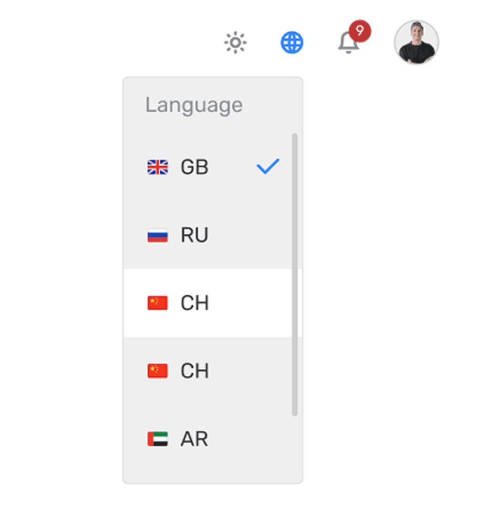 Language dropdown with country flags and a check icon for the current language
