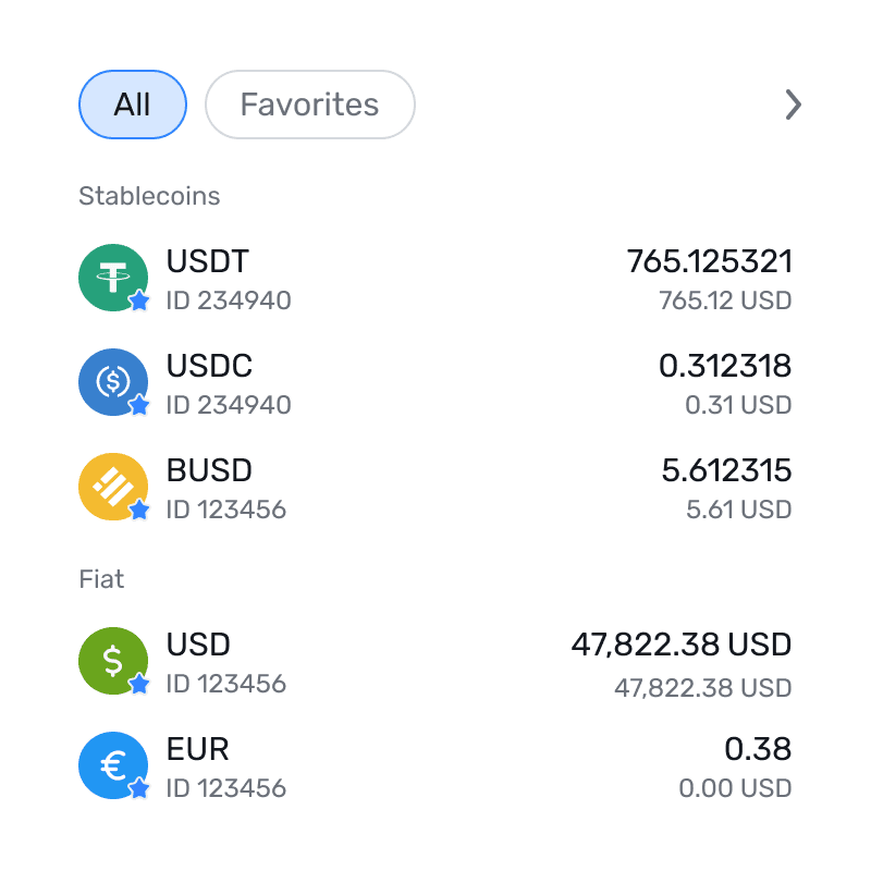 Currency list with stablecoins and fiat balances