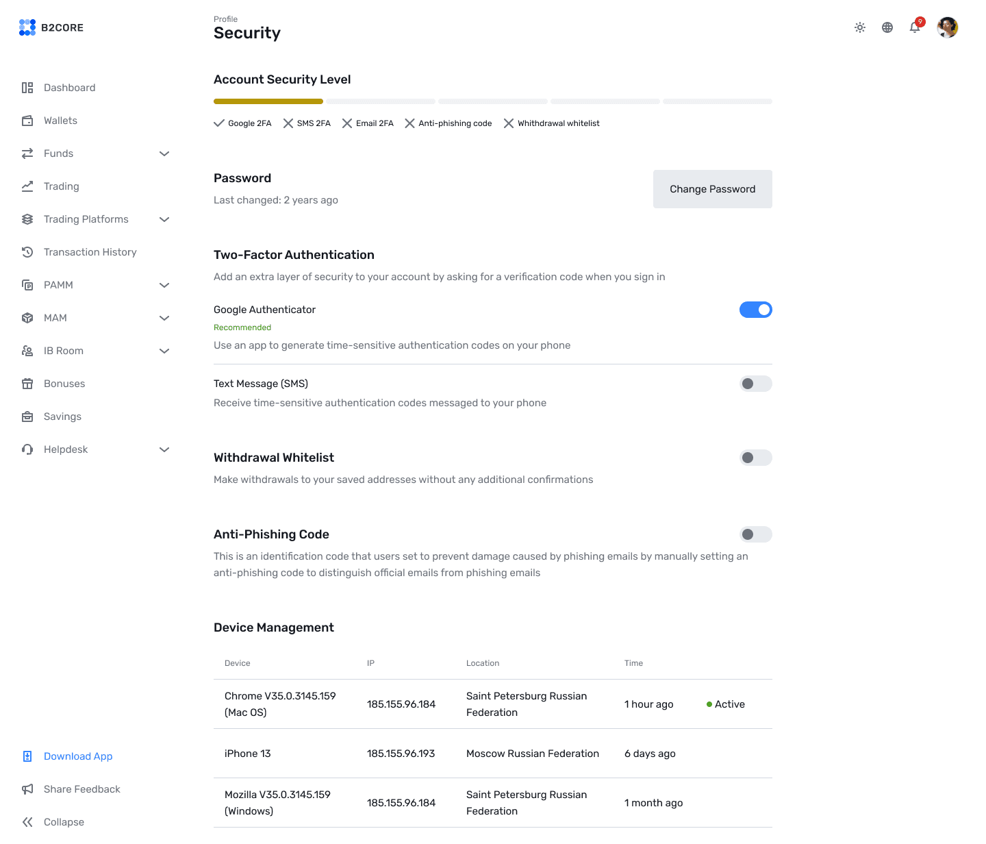 B2CORE security screen with two-factor authentication and device management