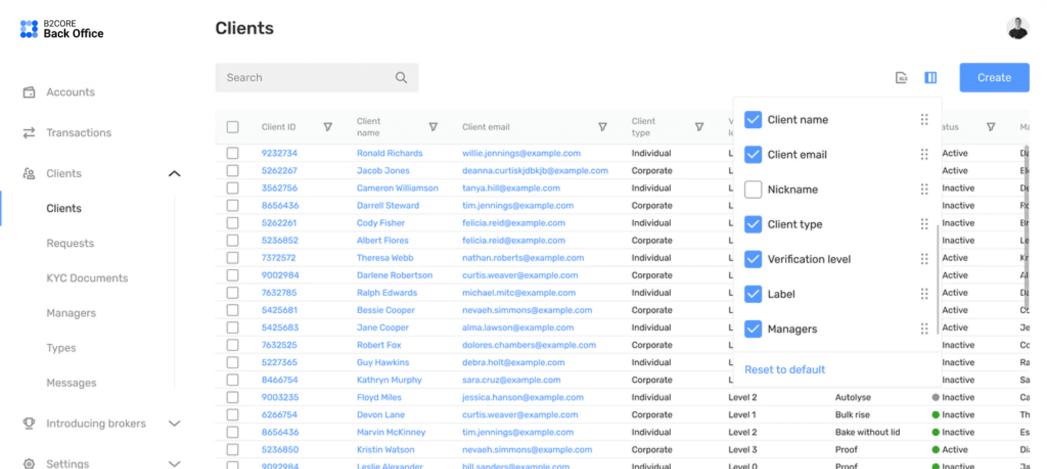 Configurable table columns — client name, email, type, verification level and managers