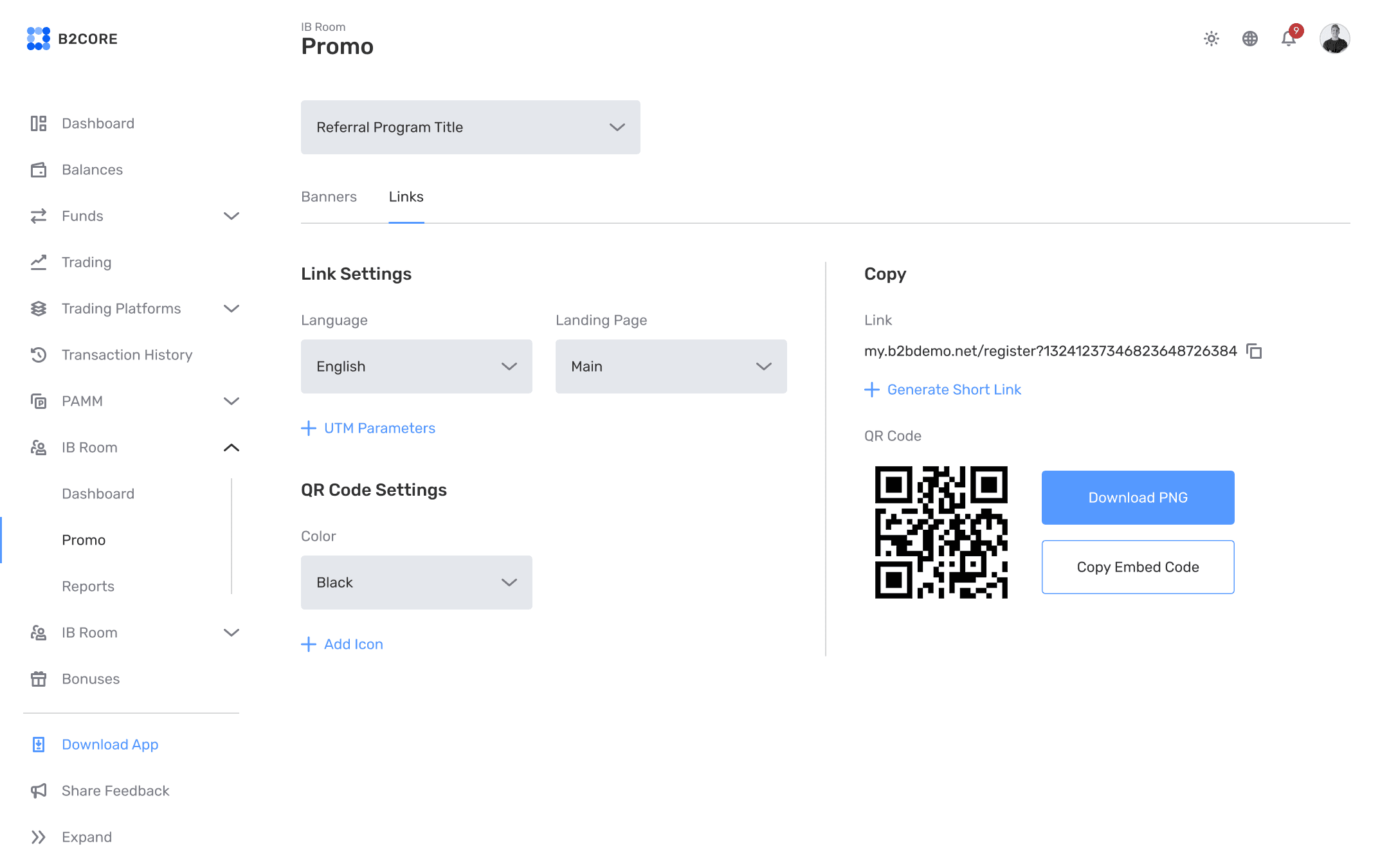 B2CORE IB Room promo screen with referral links and QR code