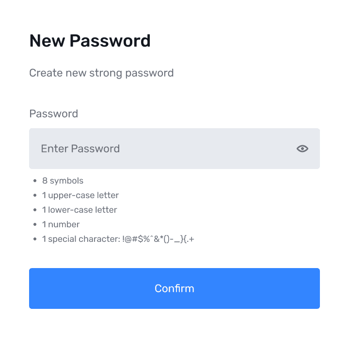 Create new password screen with requirements