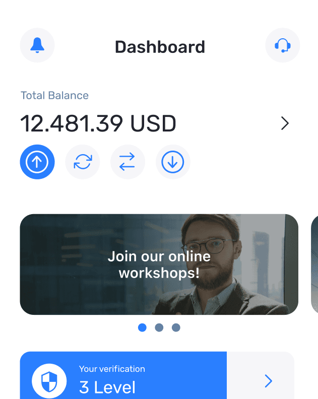 Mobile dashboard with total balance and quick actions