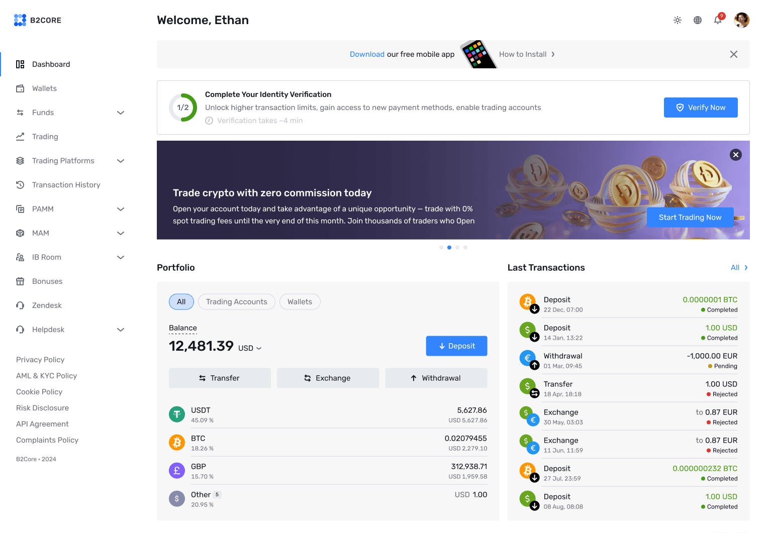 B2CORE Client Portal dashboard with portfolio balance and last transactions