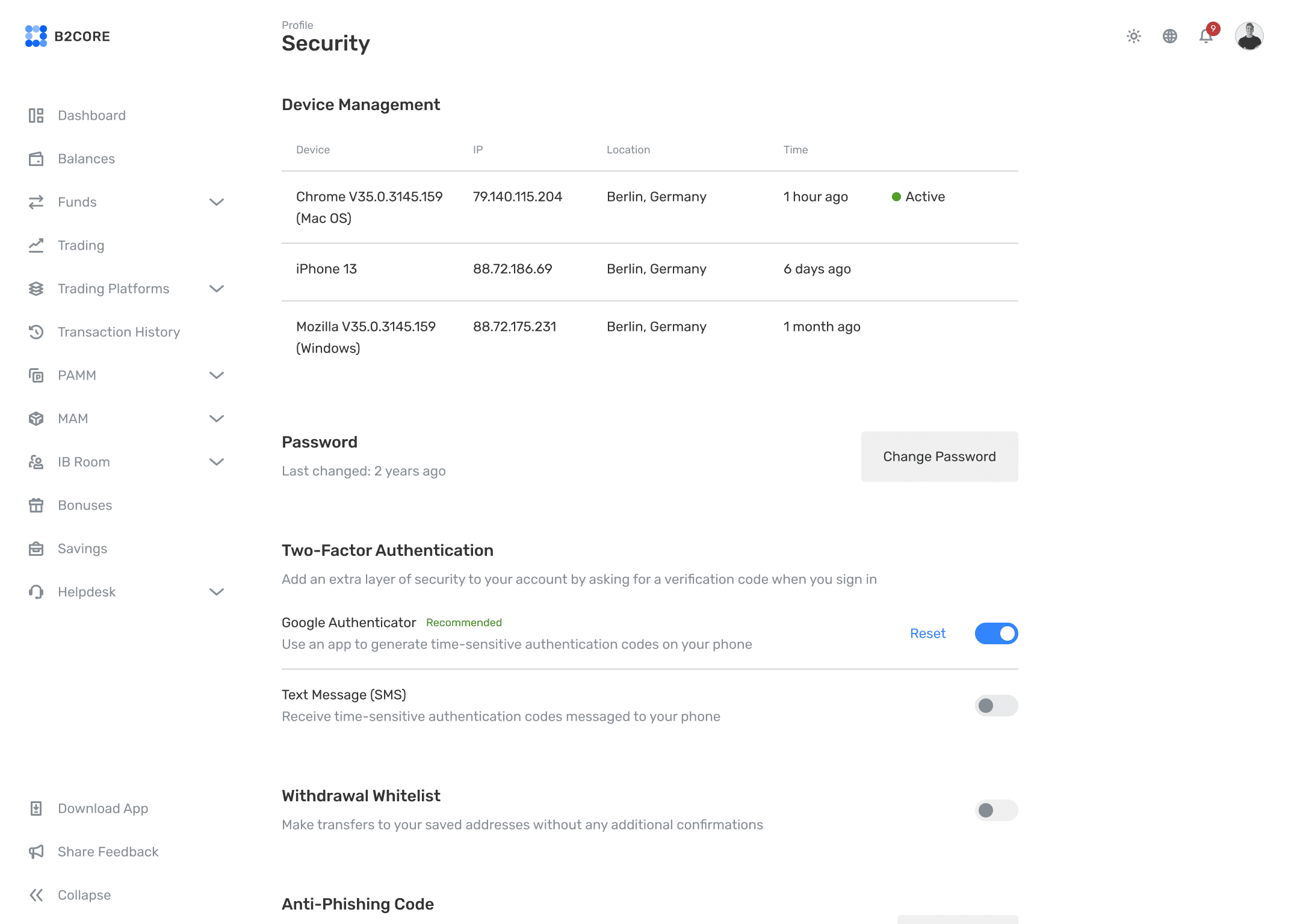 B2CORE security screen with device management table and two-factor authentication