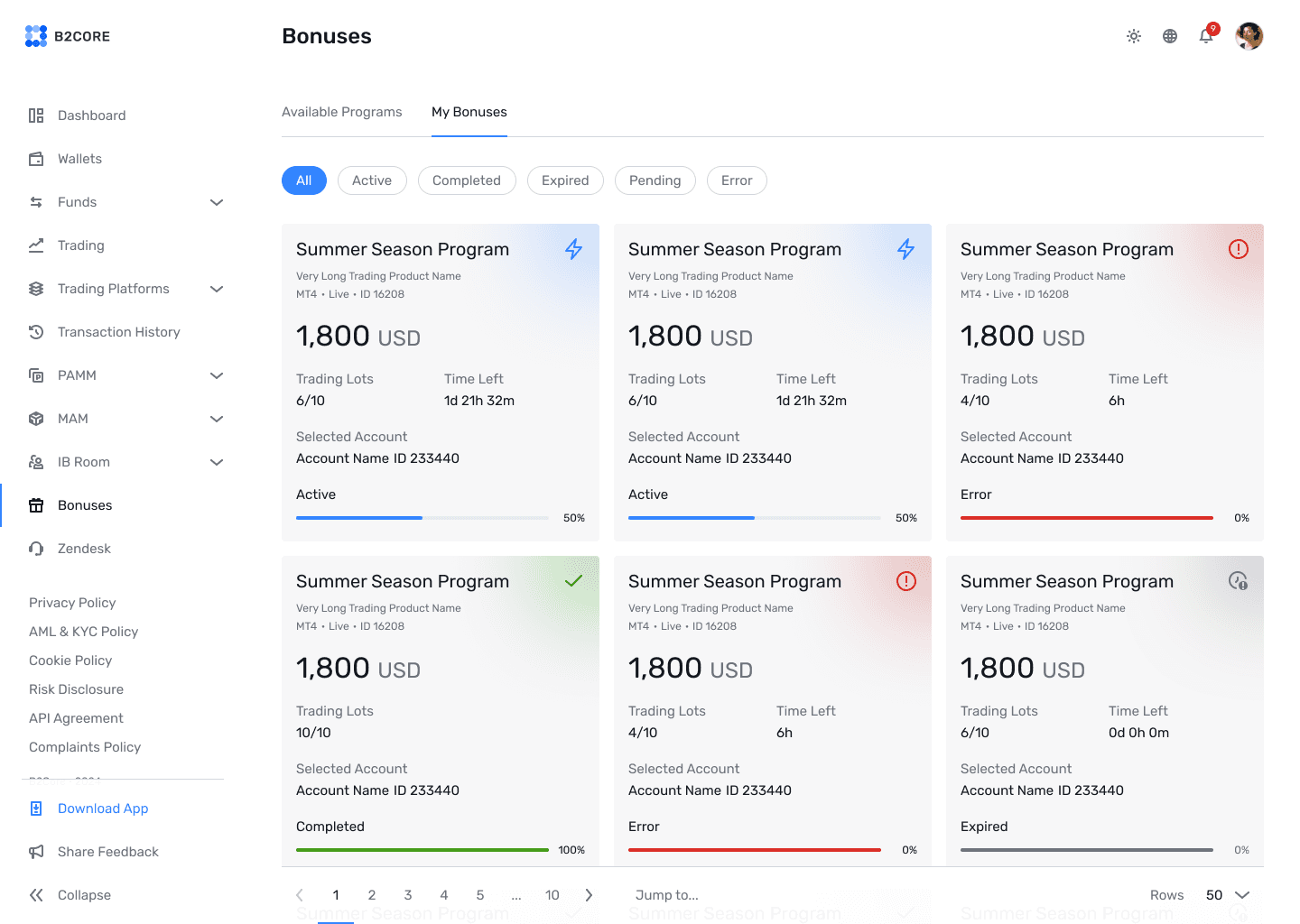B2CORE My Bonuses screen with bonus program statuses
