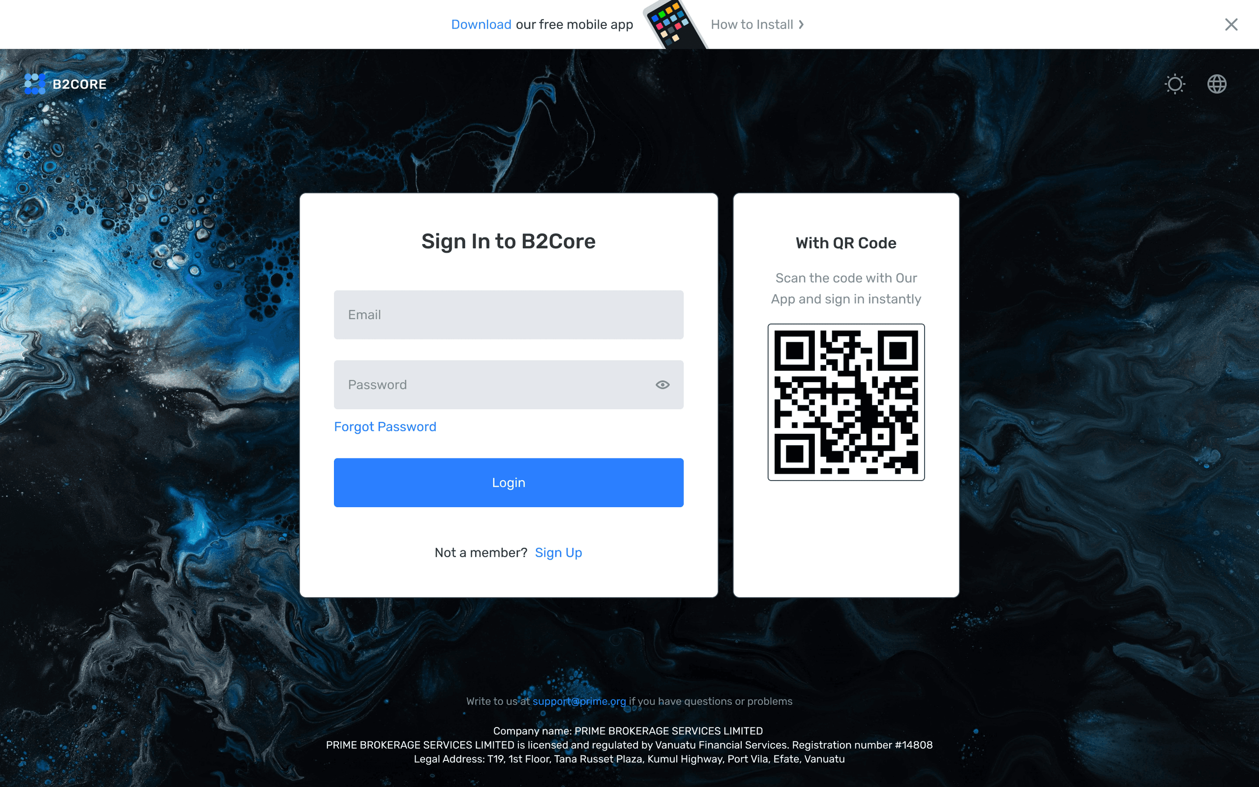 B2CORE sign-in screen with email, password and QR code login