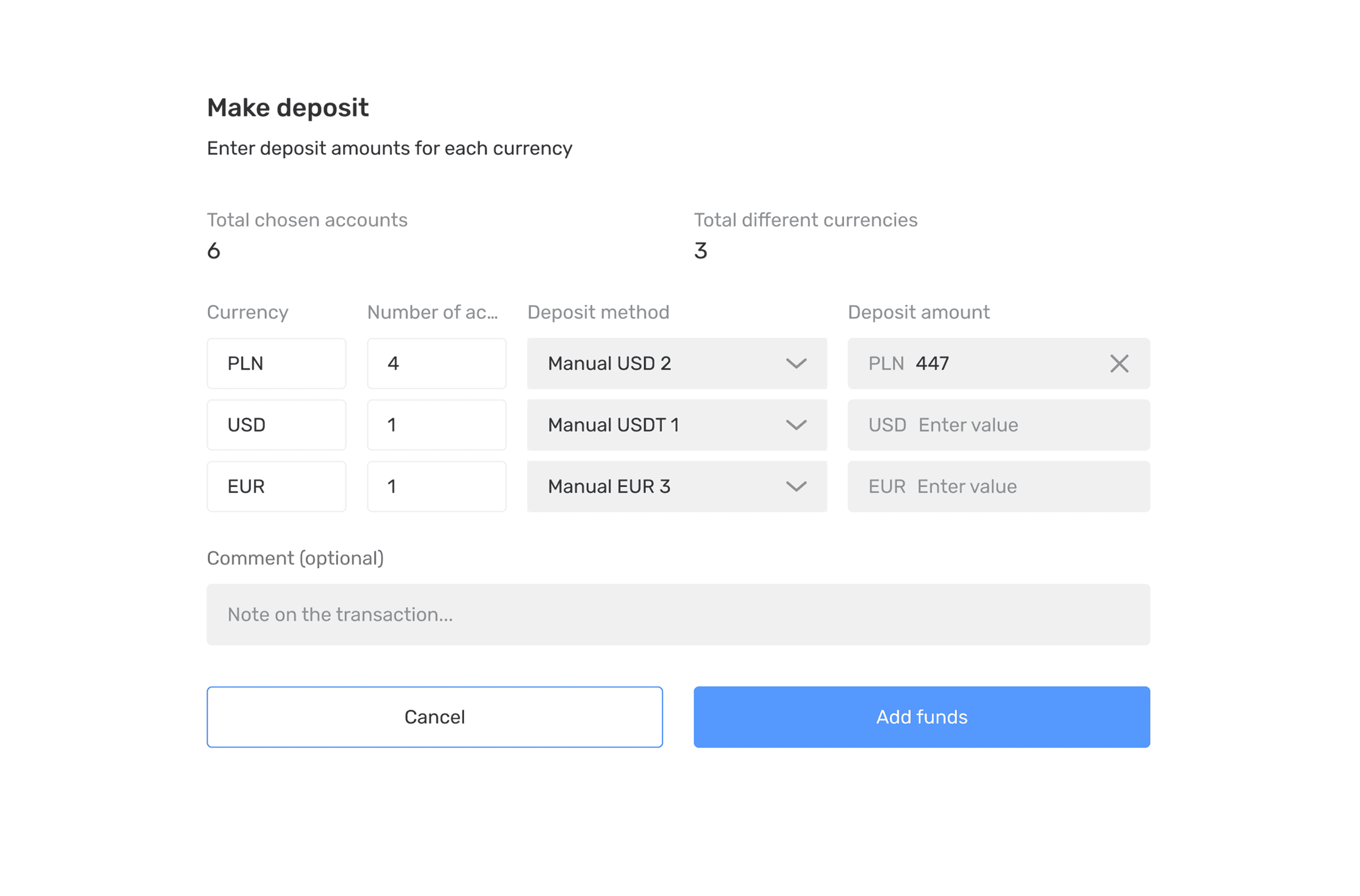 B2CORE make deposit screen across multiple currencies