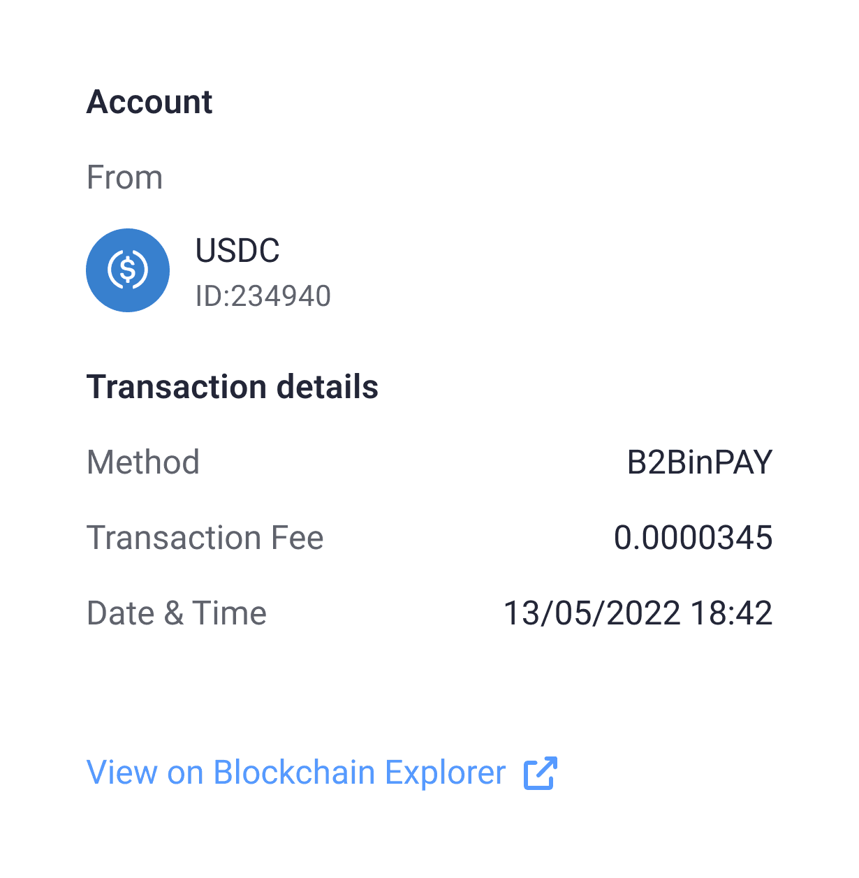Transaction details showing B2BINPAY method and fee