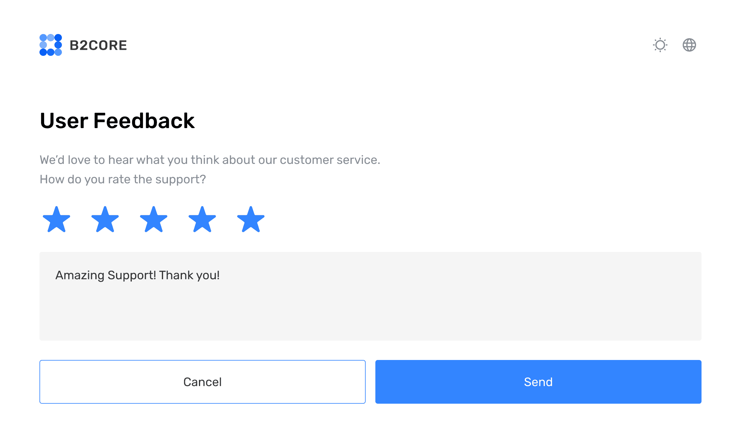 B2CORE user feedback screen with star rating and message