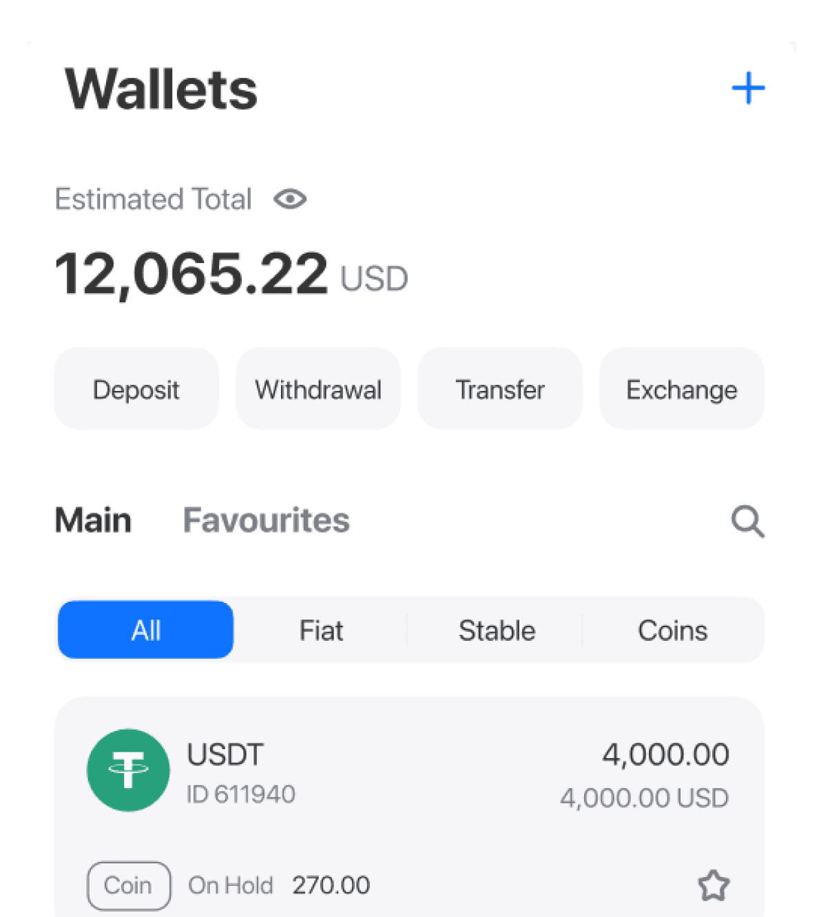 B2CORE wallets list with fiat, stable and crypto balances