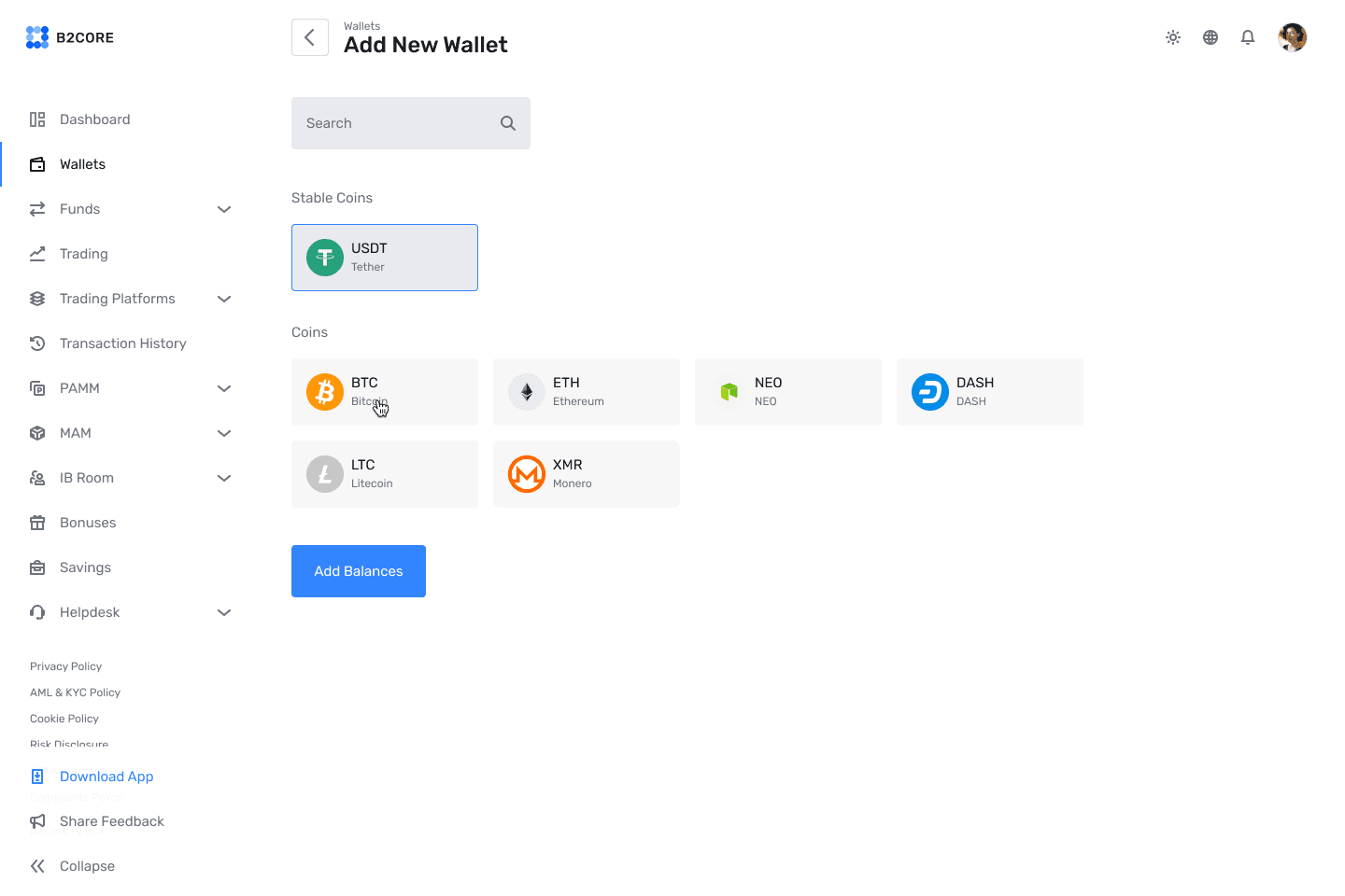 Add new wallet screen with stable coins and coins selection