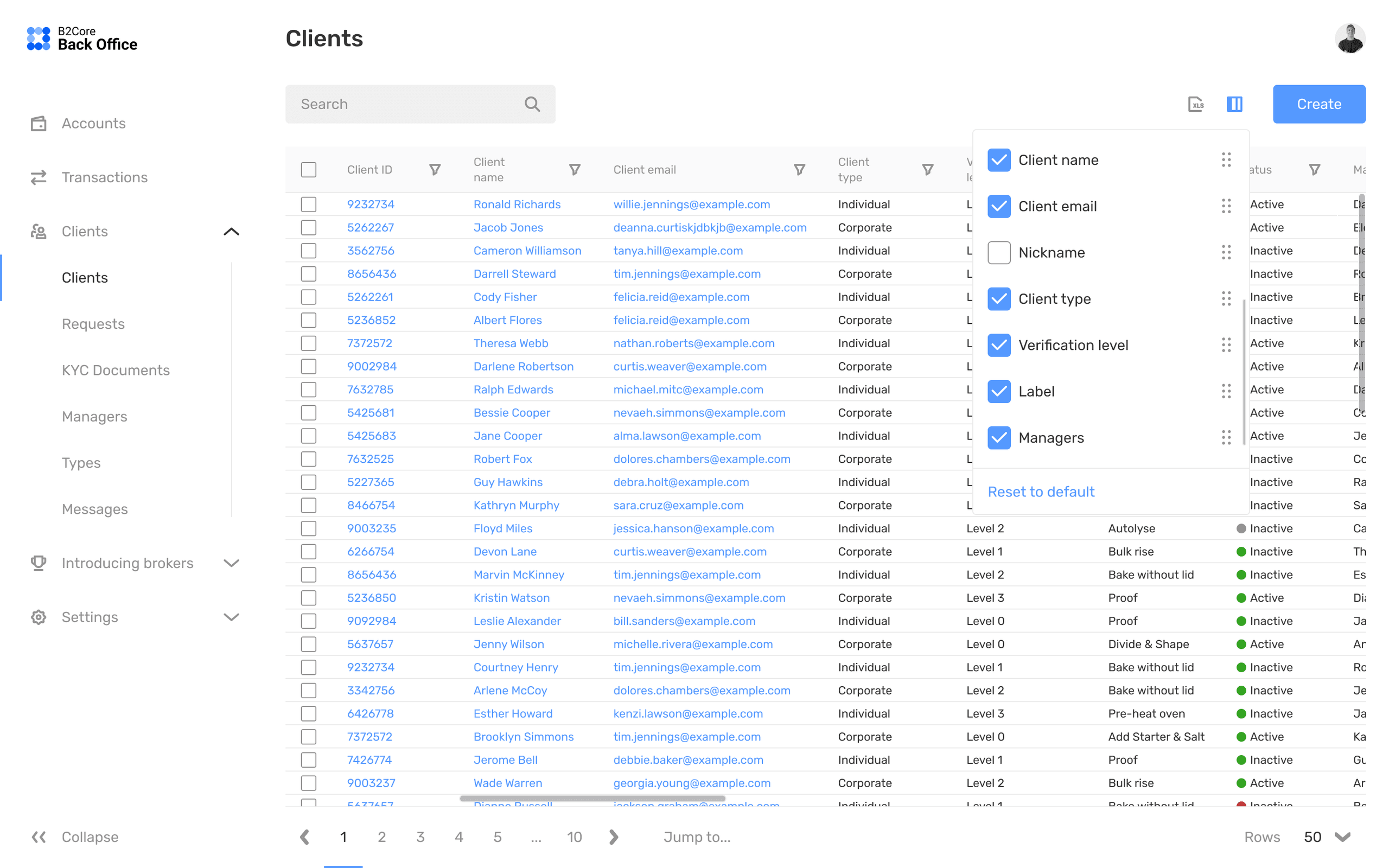 B2CORE back office — client management table with customisable columns