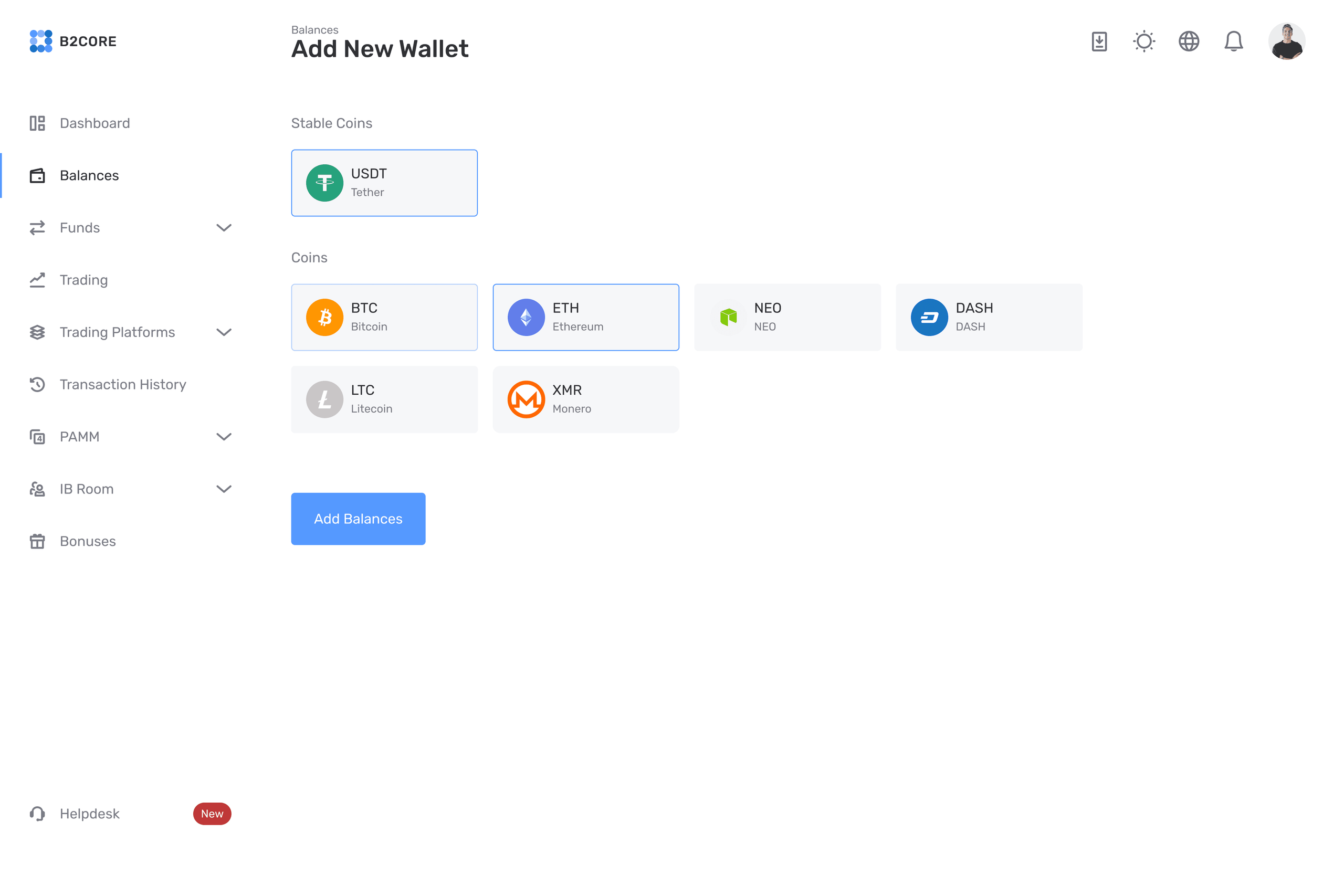 B2CORE add new wallet screen with coin selection