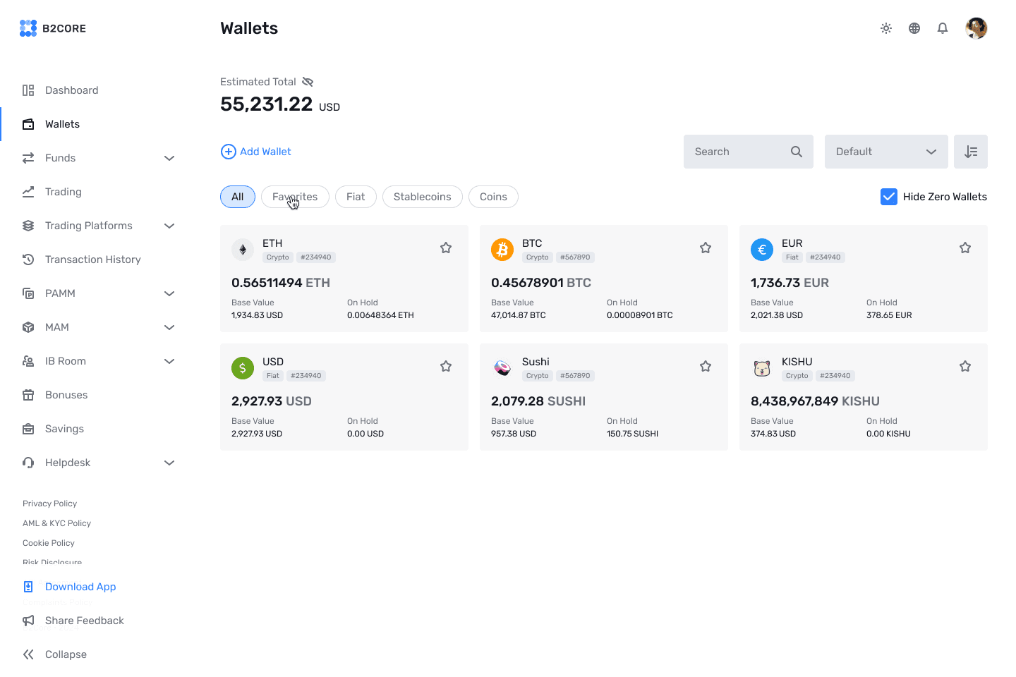 B2CORE wallets screen with fiat and crypto balances