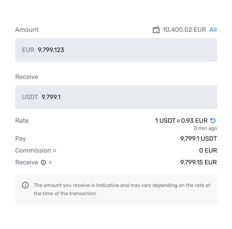 Withdrawal breakdown showing amount, rate, commission and total