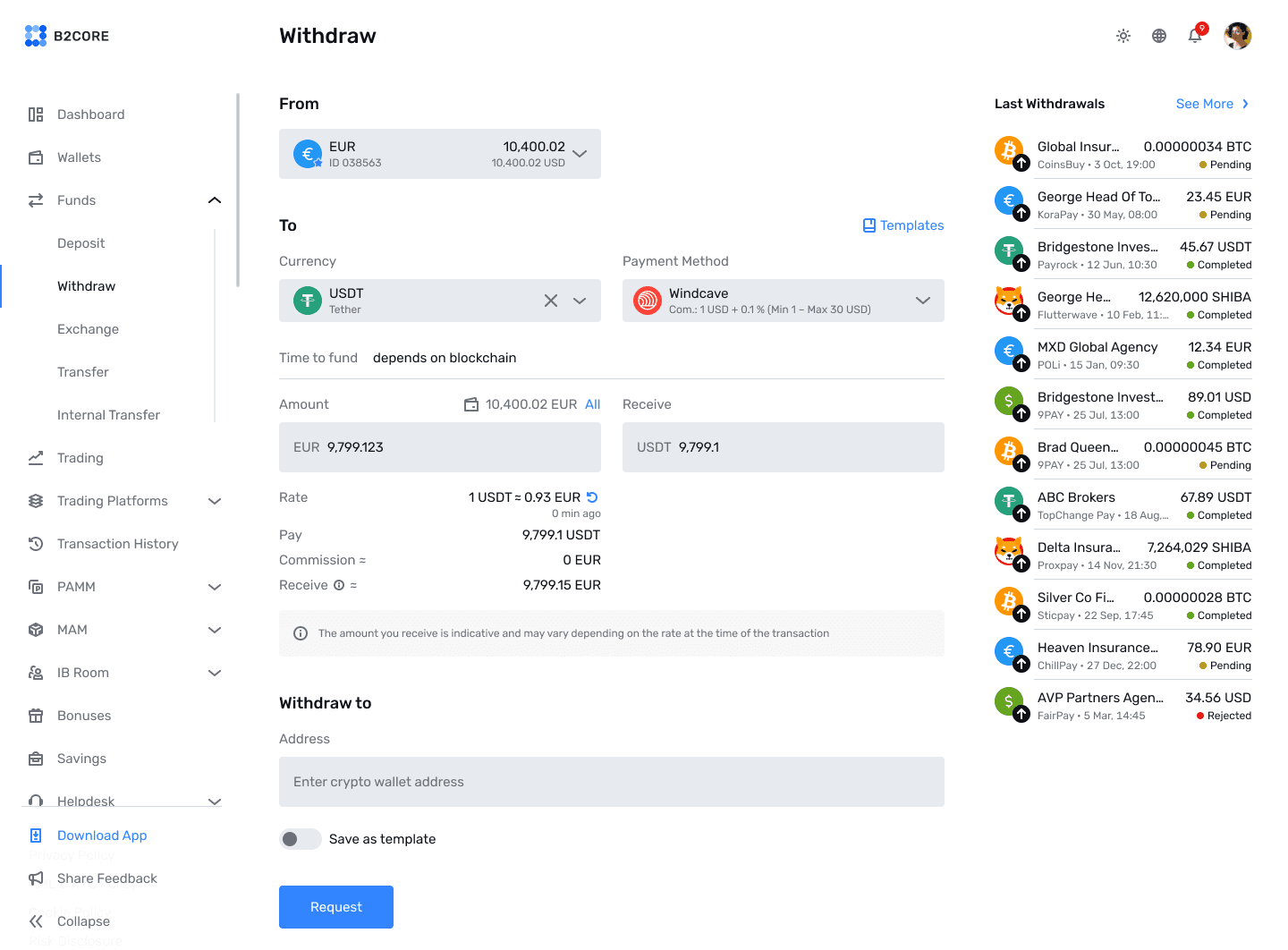 B2CORE withdraw screen with currency and payment method