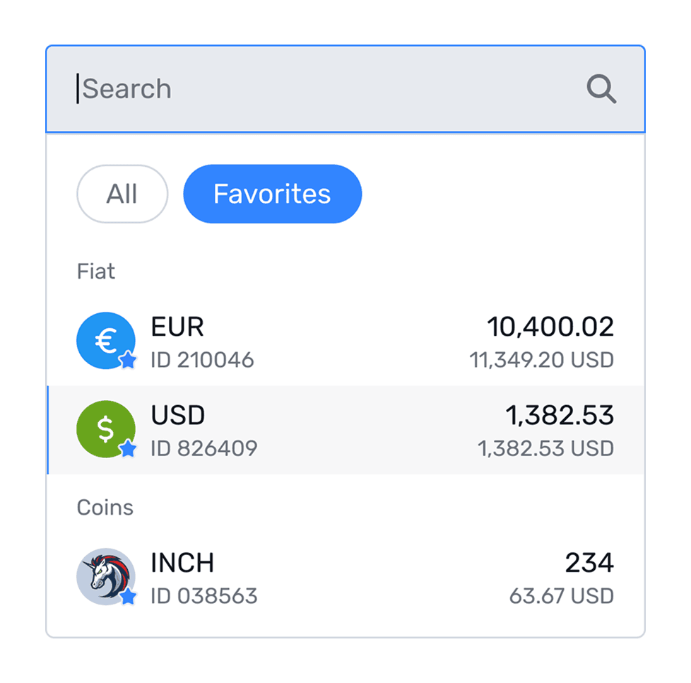 B2CORE currency picker with fiat and crypto options