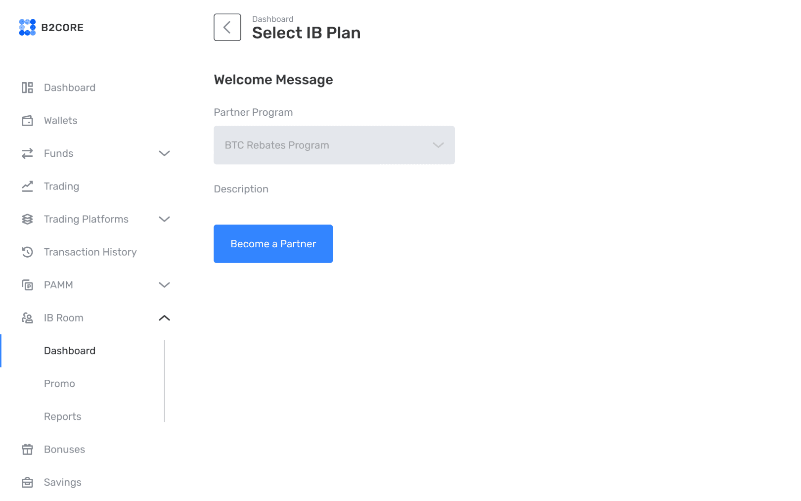 B2CORE IB Room — selecting an IB plan and becoming a partner