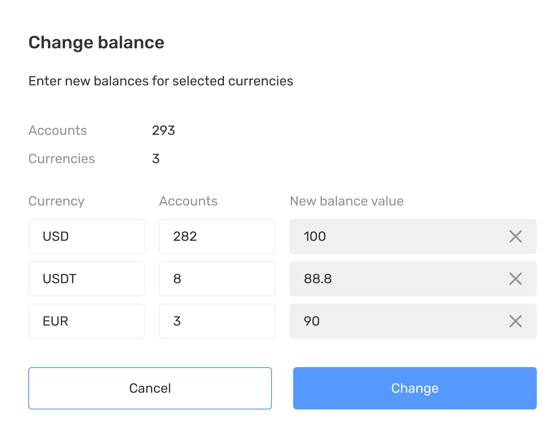 Change balance dialog with new balance values for selected currencies