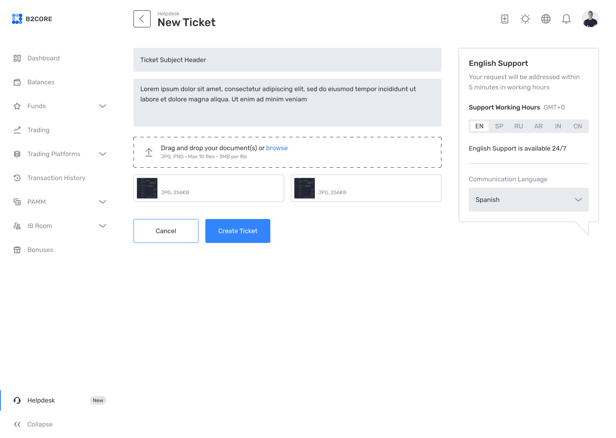B2CORE new ticket screen with attachments and support panel