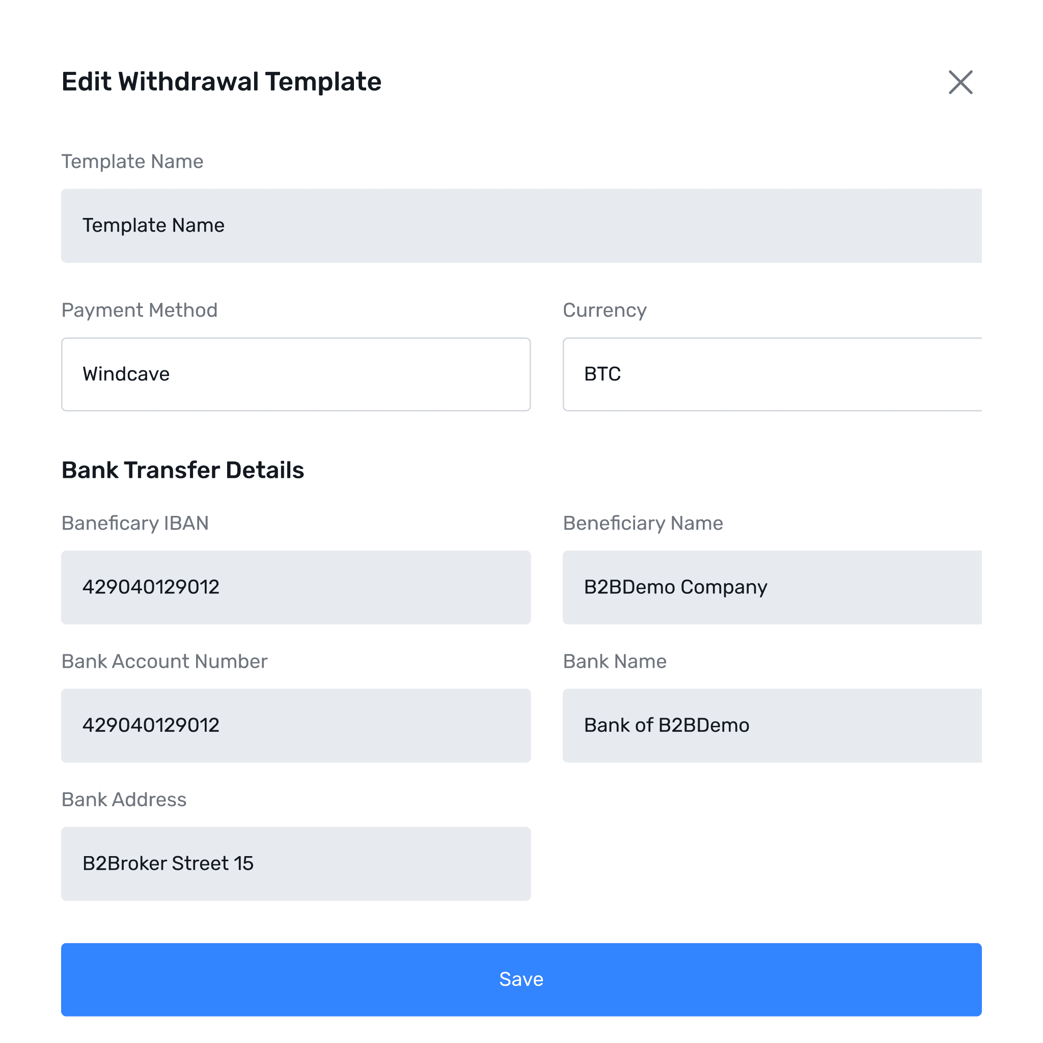 B2CORE edit withdrawal template with payment method and bank details