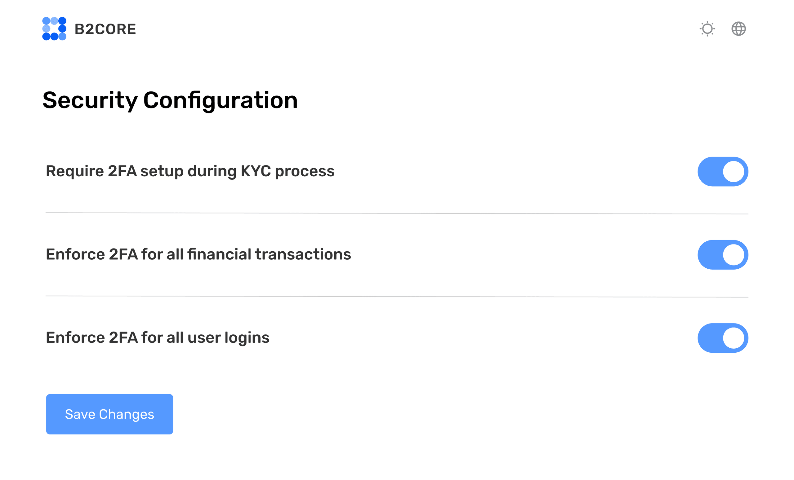 Security configuration screen with 2FA enforcement toggles