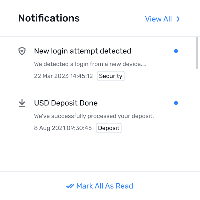 Notifications popover with login and deposit alerts