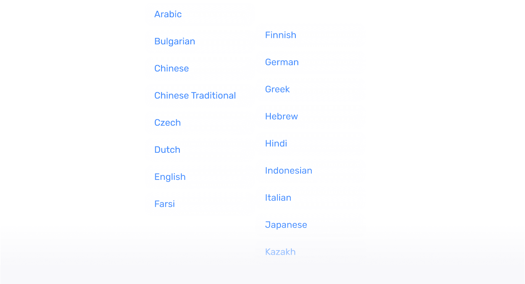List of B2CORE interface languages from Arabic to Kazakh