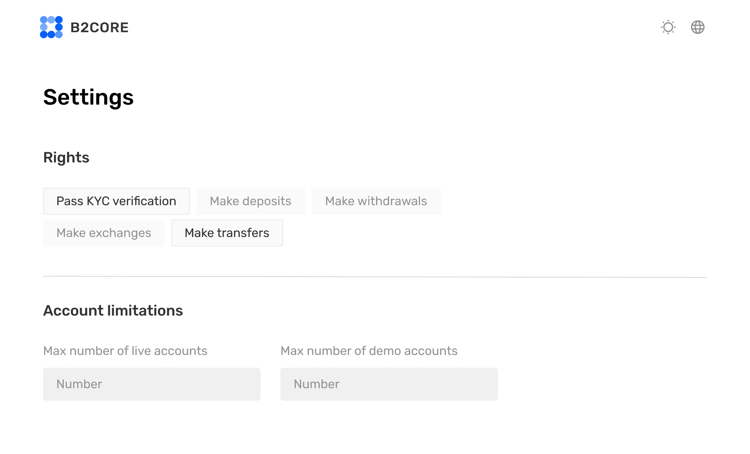 Back office settings with KYC verification rights and account limitations