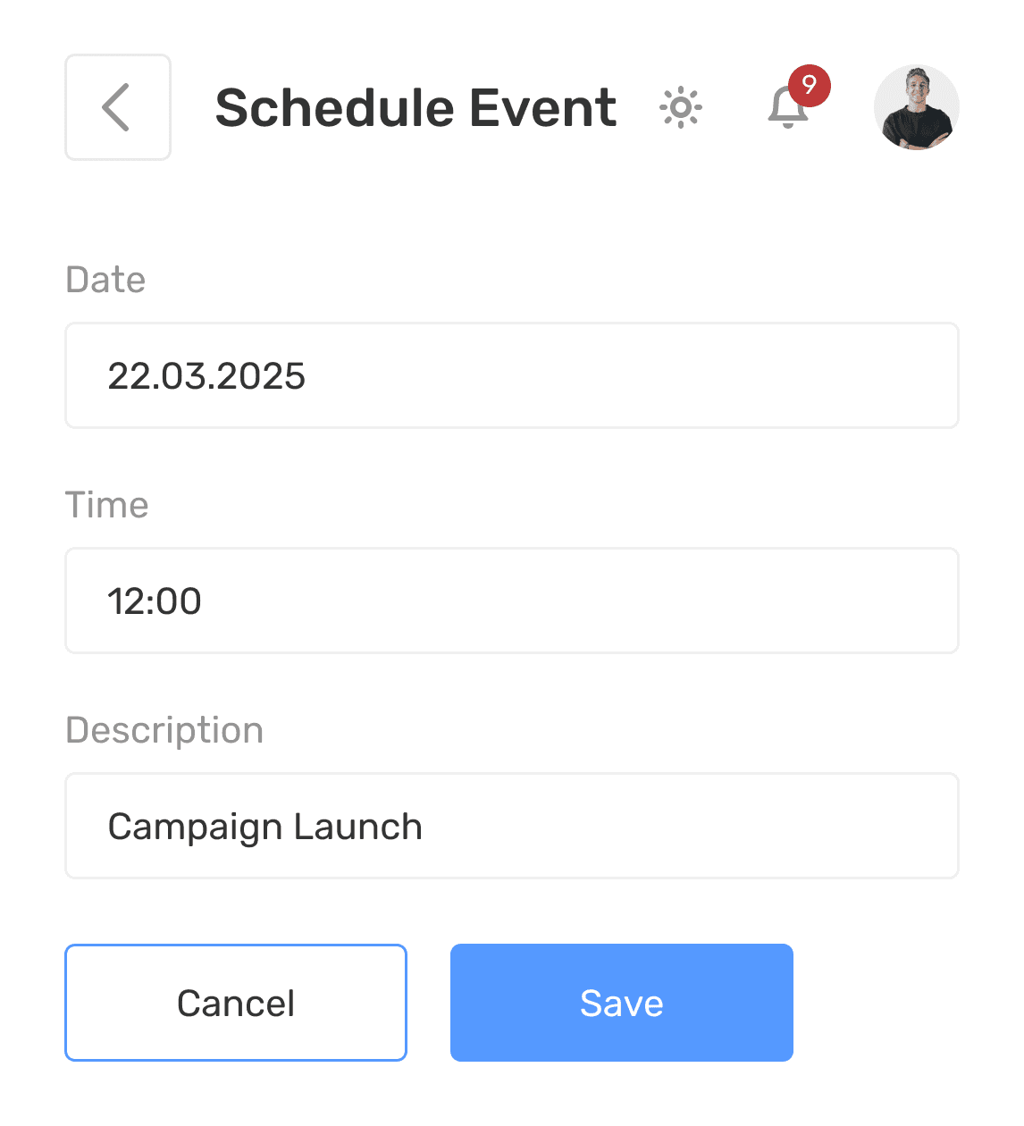 B2CORE schedule event dialog with date, time and campaign description
