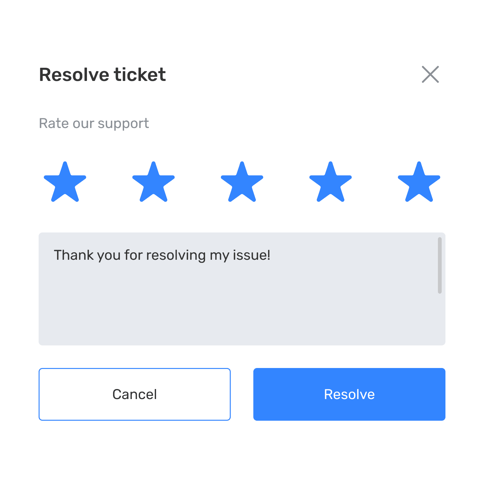 Resolve ticket dialog with support rating