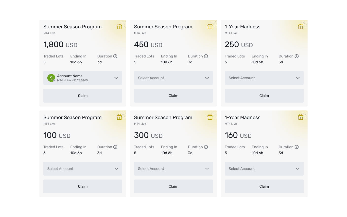 Grid of available bonus programs