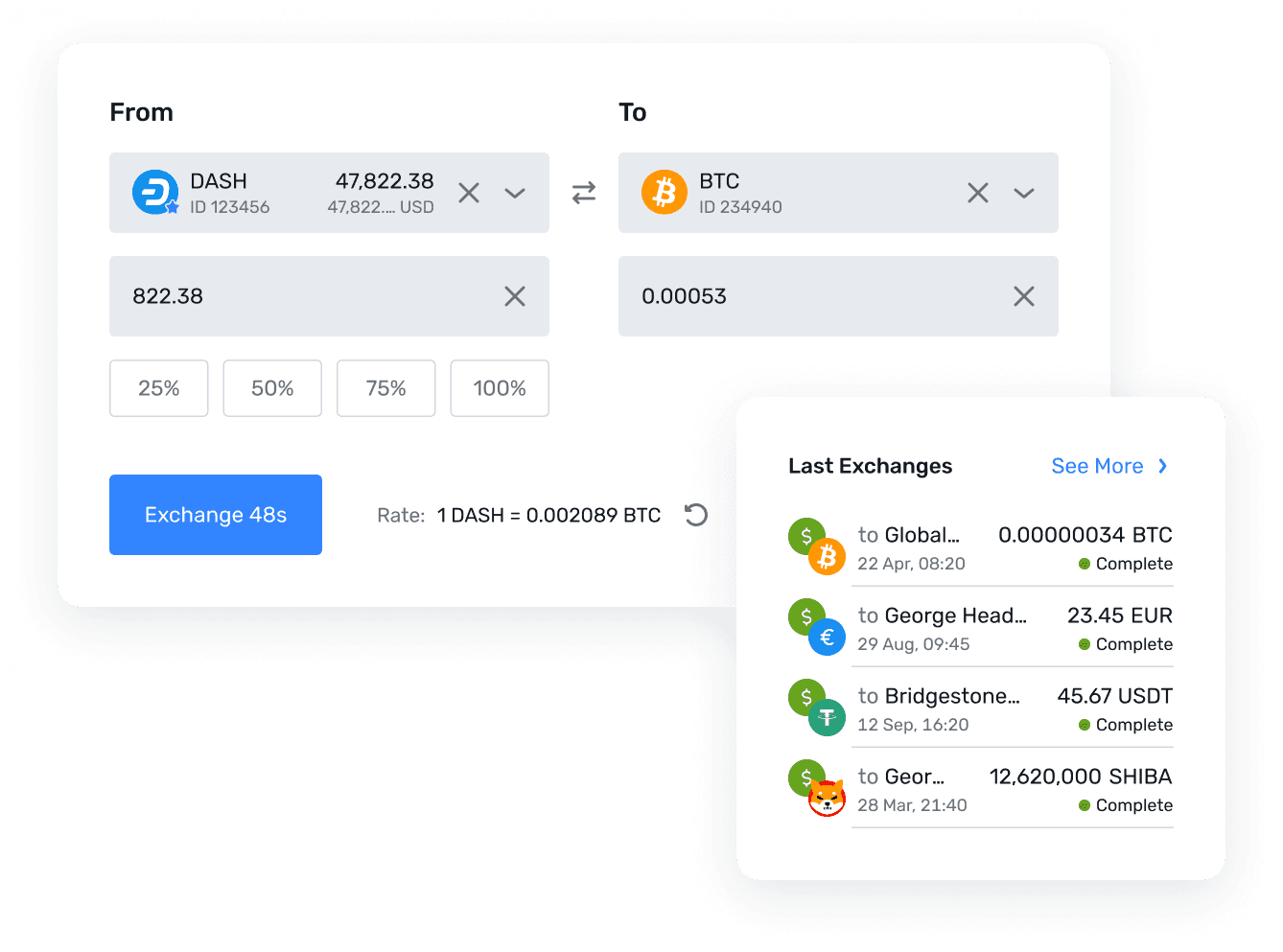 B2CORE currency exchange — instant conversion with recent transfers