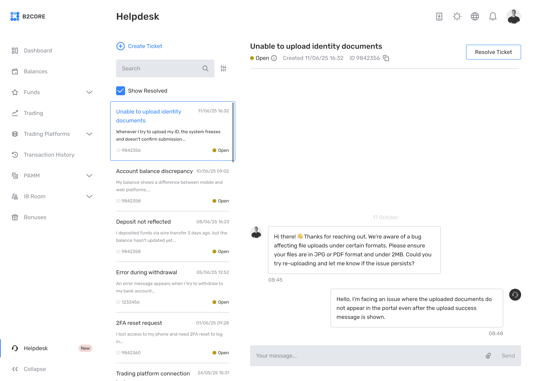 B2CORE helpdesk screen with ticket list and live chat