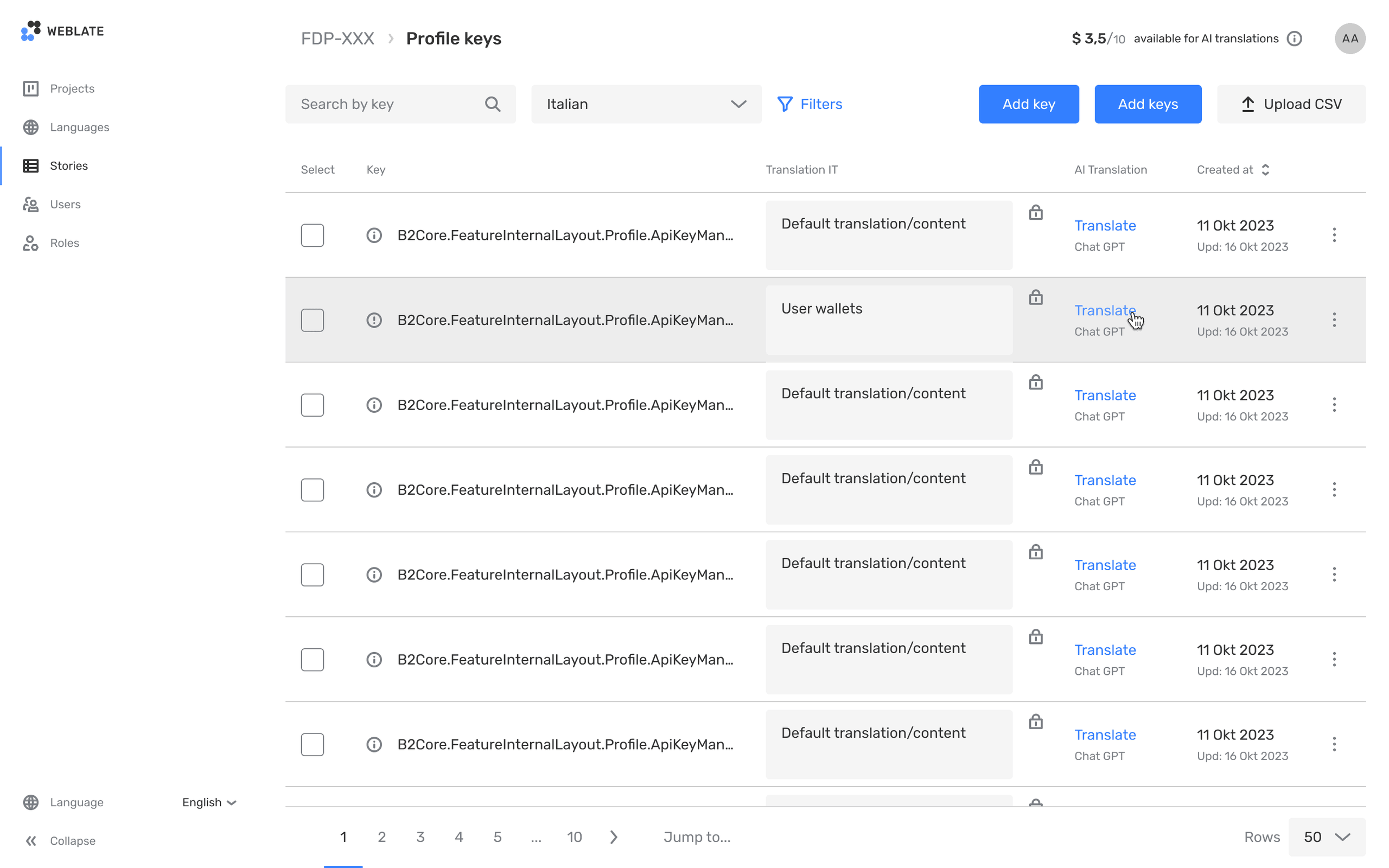 Weblate language list with translation progress