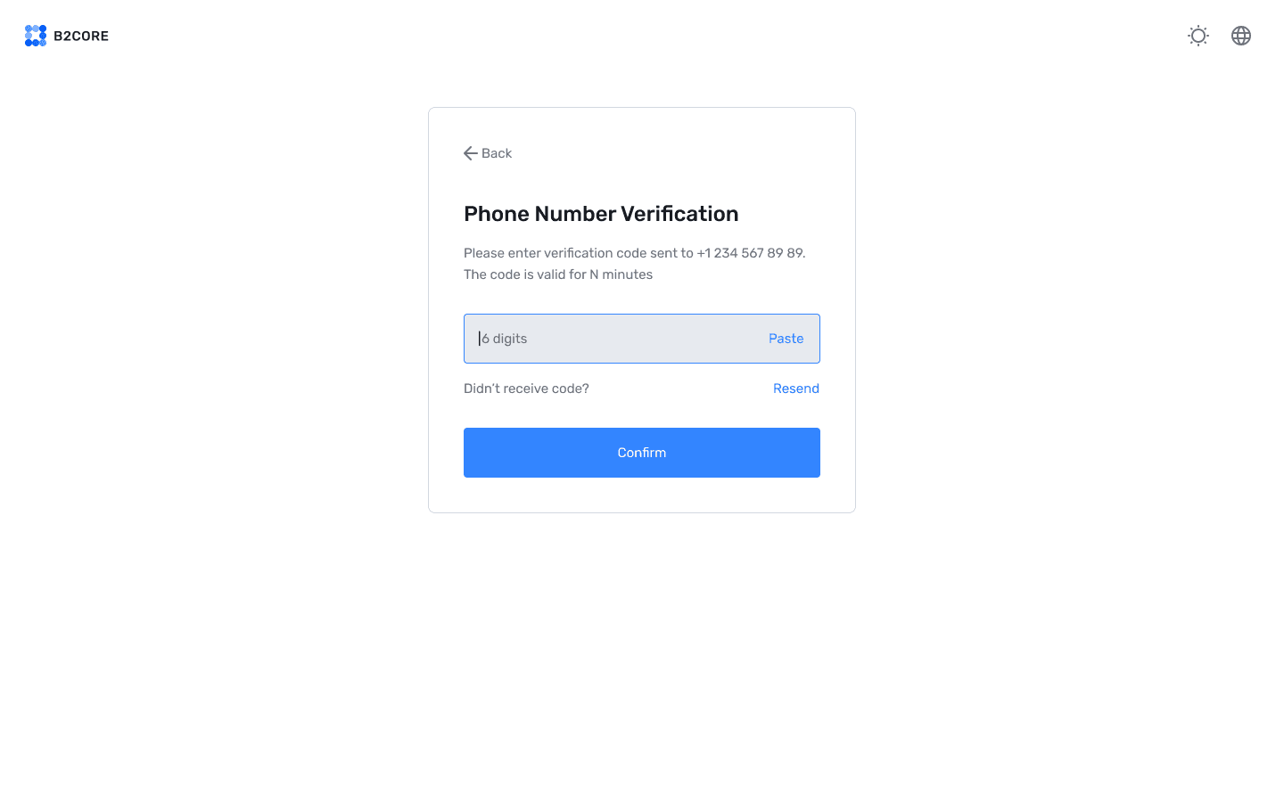 B2CORE phone number verification screen for account recovery